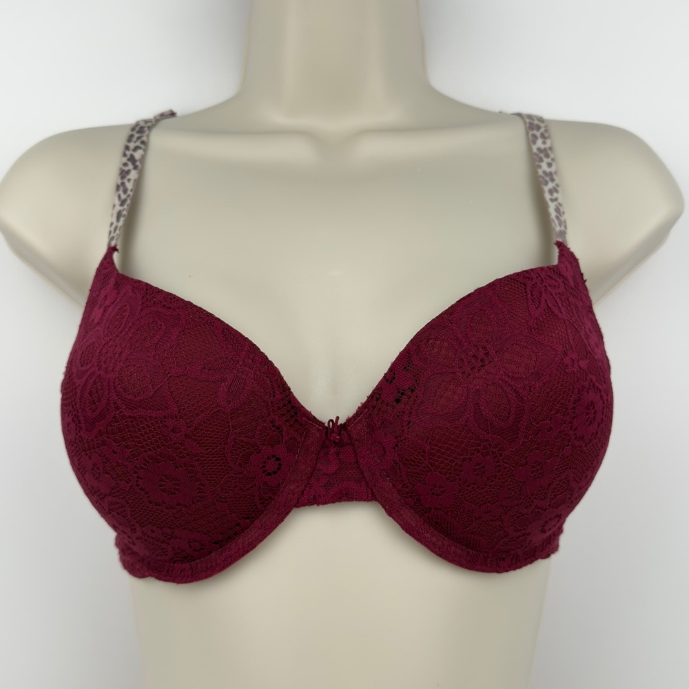 No Boundaries Push Up Bra 38B Burgundy Lace Padded Underwire Leopard Straps - Picture 1 of 8